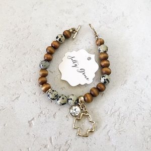 Cross charm, jasper and olive wood bracelet